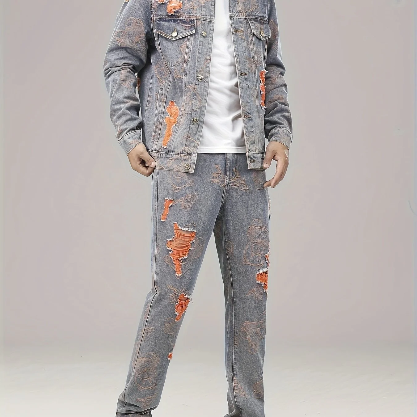 deanwangkt-1 Men's Denim Outfit, Ripped Chest Pocket Jacket And Trendy Straight Leg Jeans Set - Deanwangkt