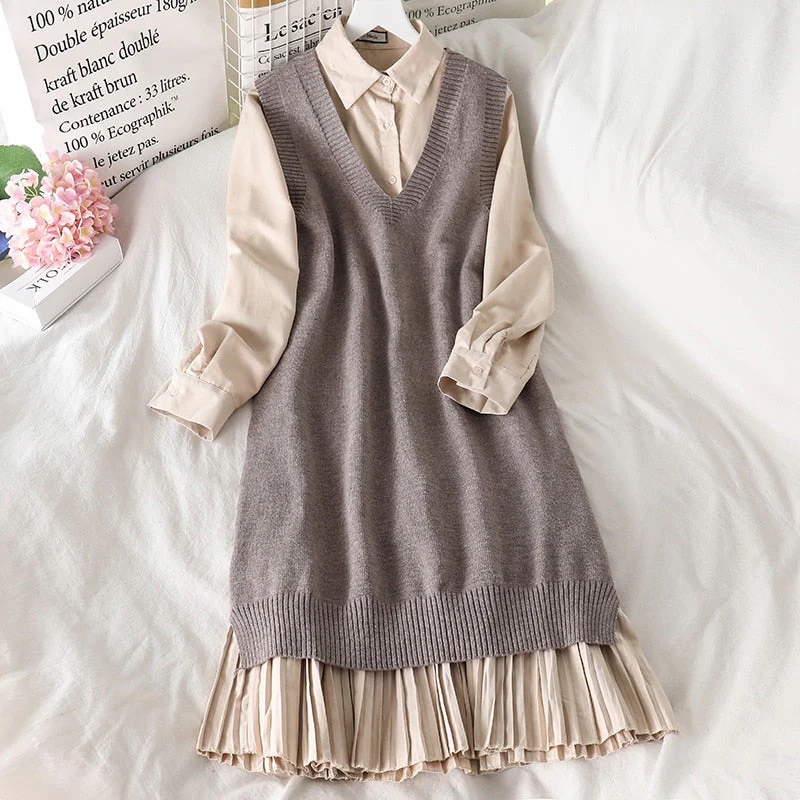 deanwangkt Two Piece Sweater Dress Vintage Korean Long Sleeve Shirt Dress and Knitted Long Vest Streetwear Plus Size Loose Dress Vestidos - Deanwangkt