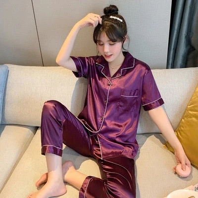 Newest Silk Pajamas for Women Sweet Leopard Pyjamas Woman Elegant Short Sleeve Long Pant Homewear Ladies Sleepwear Sets - Deanwangkt