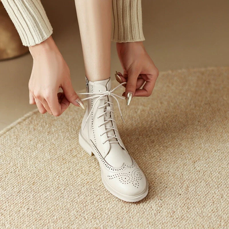 deanwangkt  fashion inspo    NEW Fall Shoes Women Round Toe Low Heel Shoes Winter Solid Genuine Leather Boots Women Hollow Brogues Ankle Boots Chelsea Boots - Deanwangkt
