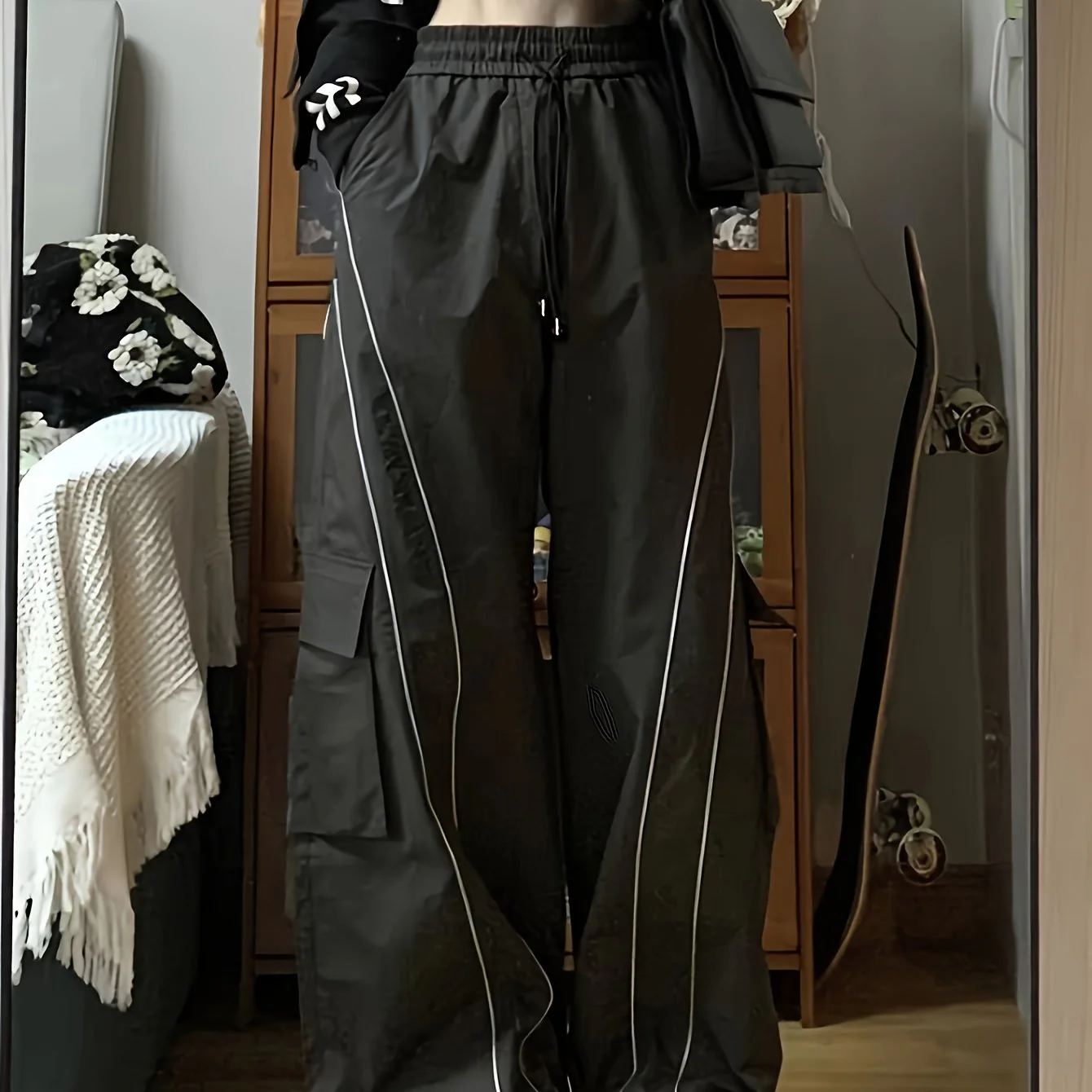 deanwangkt  Contrast Trim Pocket Pants, Casual Drawstring Waist Cargo Pants, Women's Clothing - Deanwangkt