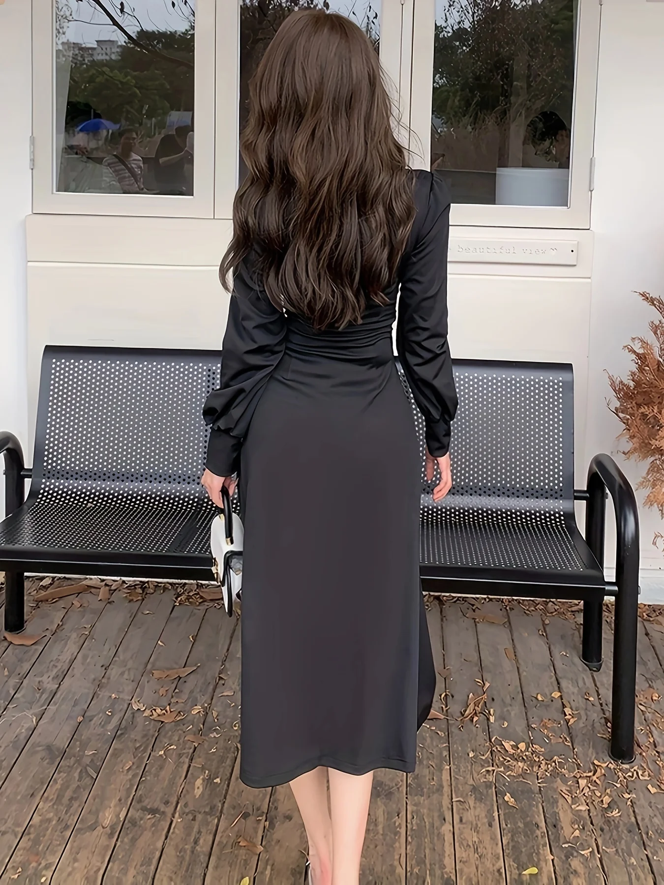 Solid V-neck Split Ruched Dress, Elegant Long Sleeve Dress For Spring & Fall, Women's Clothing - Deanwangkt