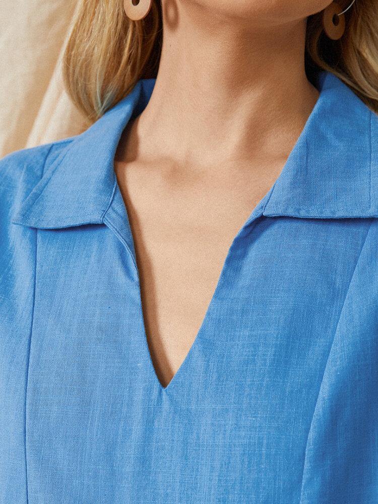 deanwangkt Puff Sleeve Lapel Pleated Stitching Elastic Cuffs Solid Daily Casual Cotton Blouse For Women - Deanwangkt