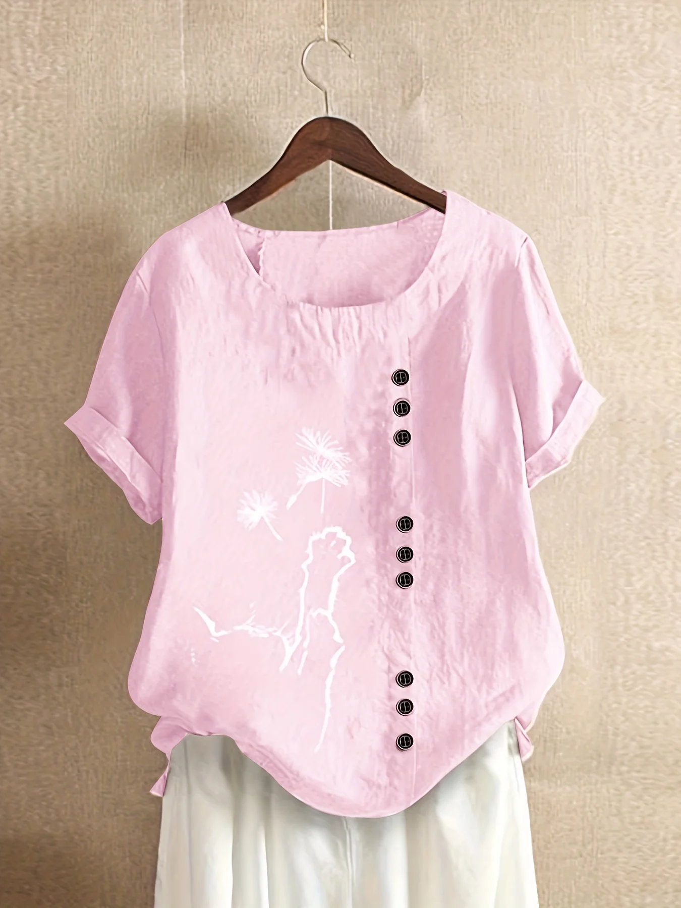 Dandelion Print Button Front Blouse, Casual Short Sleeve Blouse For Spring & Summer, Women's Clothing - Deanwangkt