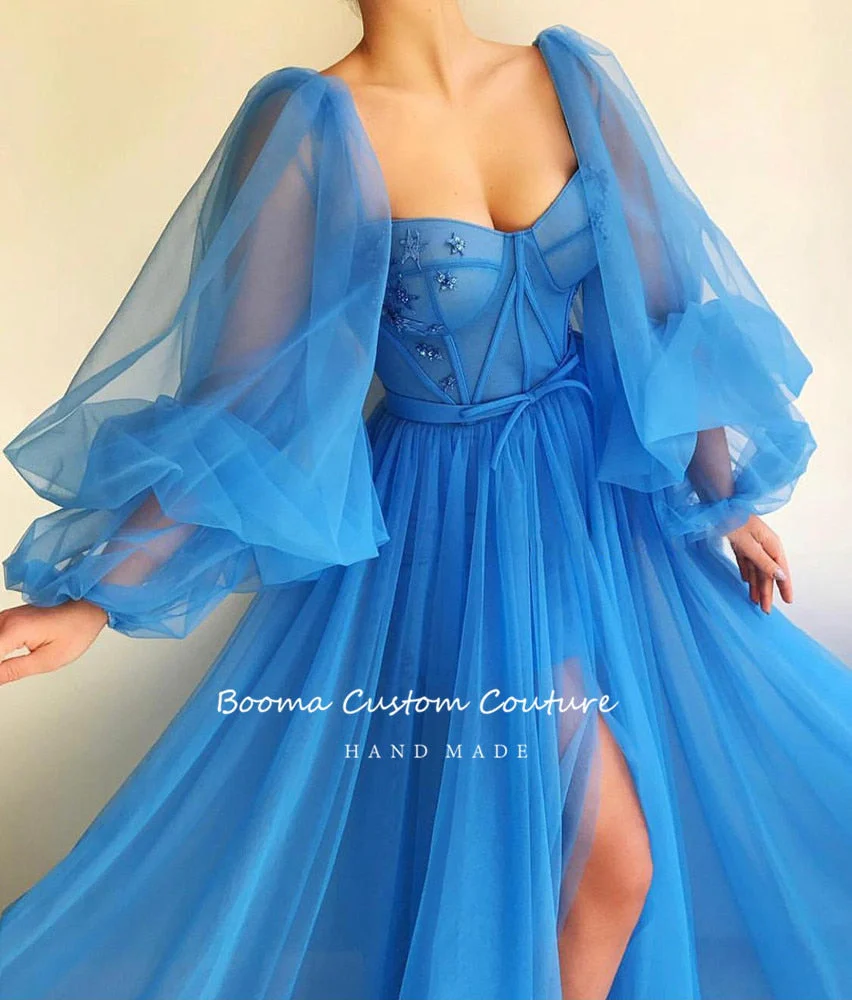 DEANWANGKT Simple Blue Prom Dresses Long Puff Sleeves Exposed Boning Illusion Evening Dresses High Slit Tulle A-Line Formal Gowns - Deanwangkt