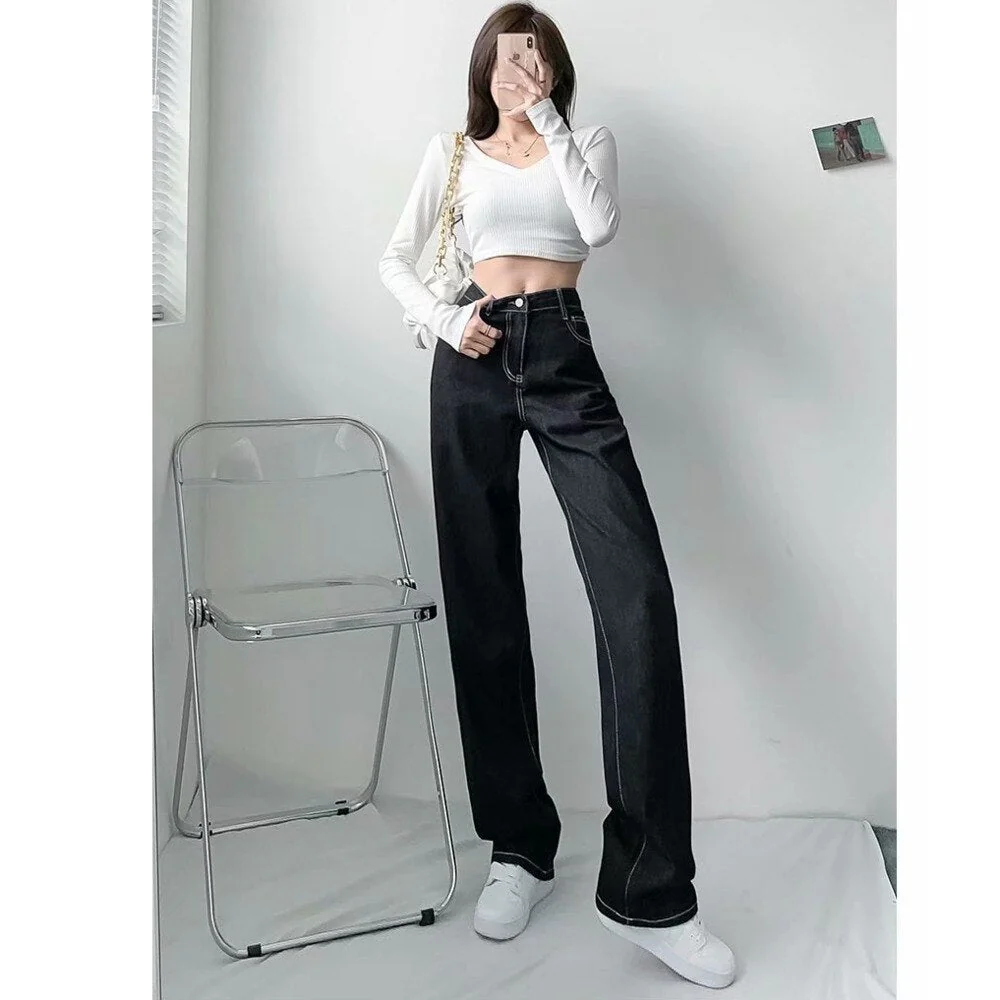 deanwangkt Women Pant Woman Jeans High Waist Denim Pants Wide Leg Denim Clothing Blue Jeans Vintage Quality  Fashion Straight Pants - Deanwangkt