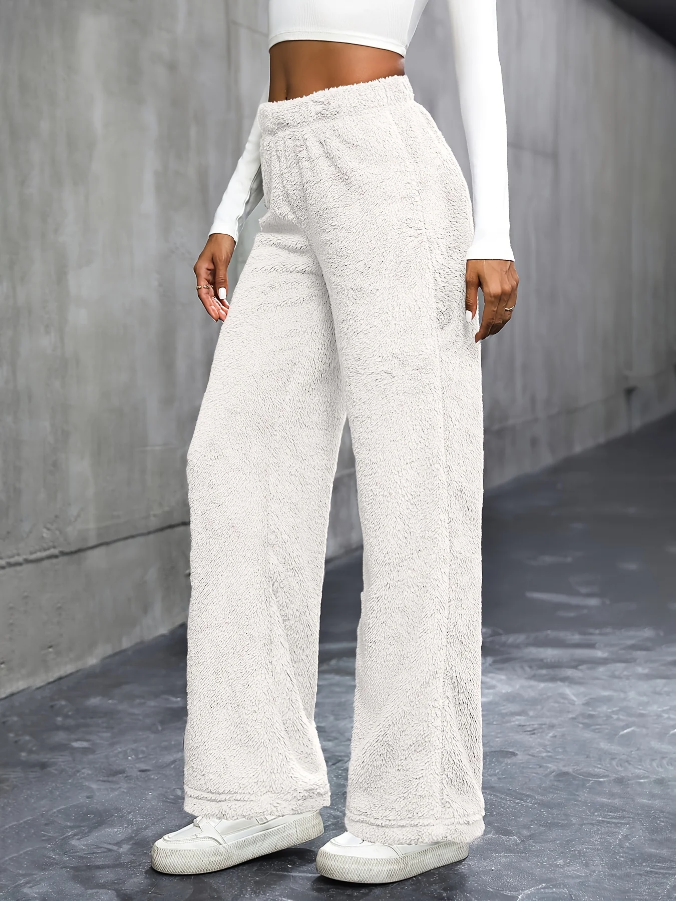 deanwangkt-1 Solid Plush Straight Leg Pants, Casual High Waist Pants, Women's Clothing - Deanwangkt