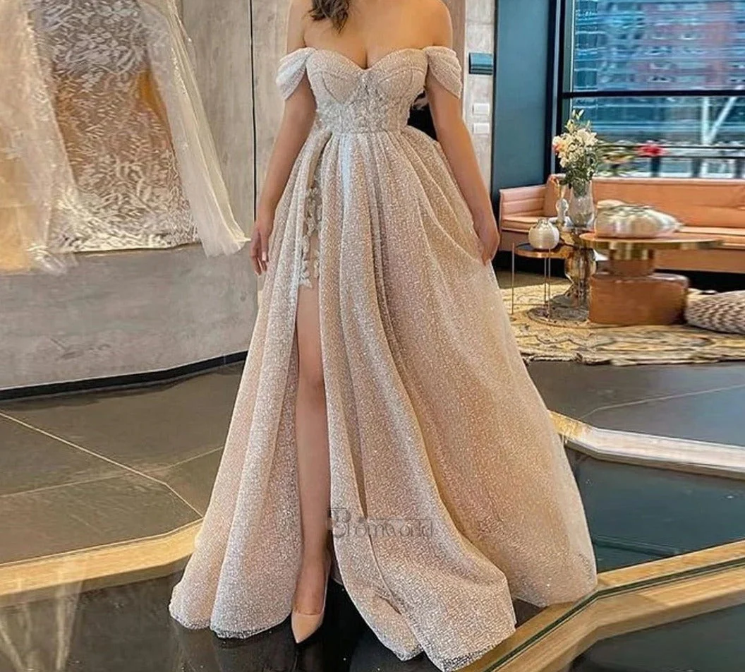 Promworld Champagne Sparkly Prom Dresses Long with Slit Glitter Sequin Off the Shoulder A-Line Sweetheart Formal Evening Gowns - Deanwangkt