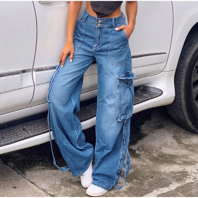 deanwangkt Y2K Low Rise Staright Cargo Jeans Wrap Belt Retro Denim Pants Ruched Drawstring Women Denim Trousers Street Indie Aesthetic Jean - Deanwangkt