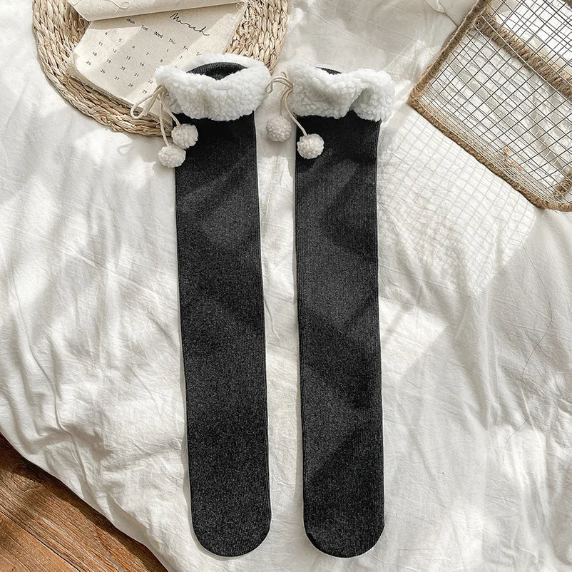 deanwangkt Japanese Vertical Stripe Plush Stockings Autumn Winter Cute Tights Kawaii Lamb Fur Wool Ball Calf Socks Lolita Knee High Socks - Deanwangkt