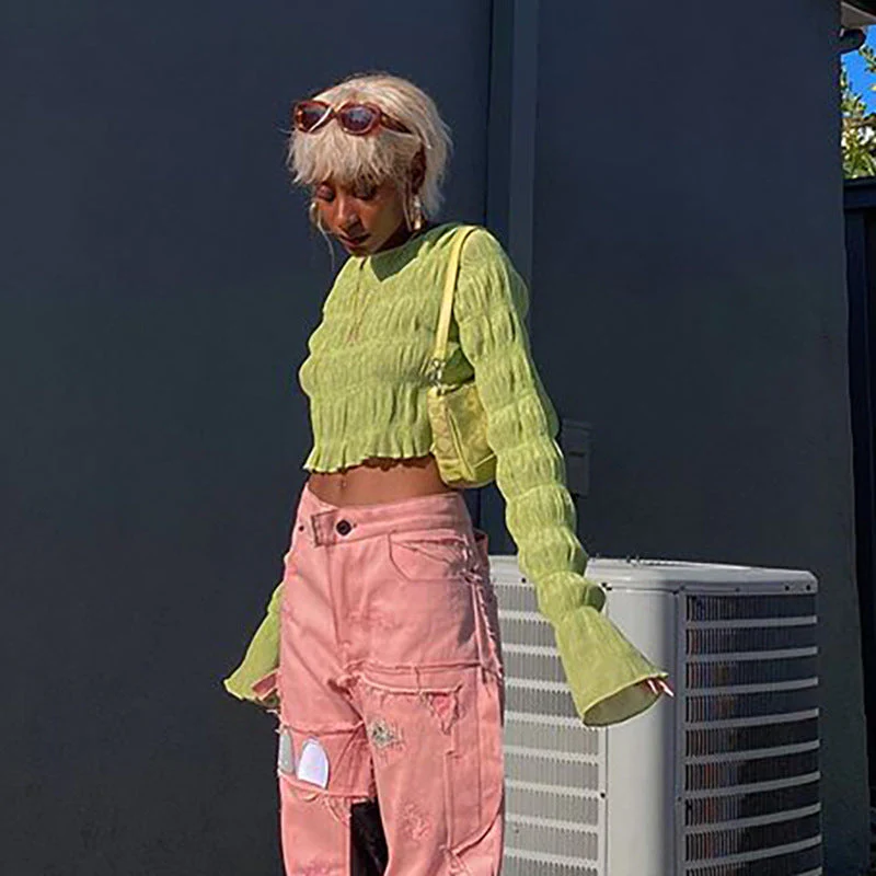 deanwangkt  Autumn Women's New Korean Style Pleated Round Neck Long-sleeved Belly Button All-match Crop Top Women Y2k Aesthetic - Deanwangkt