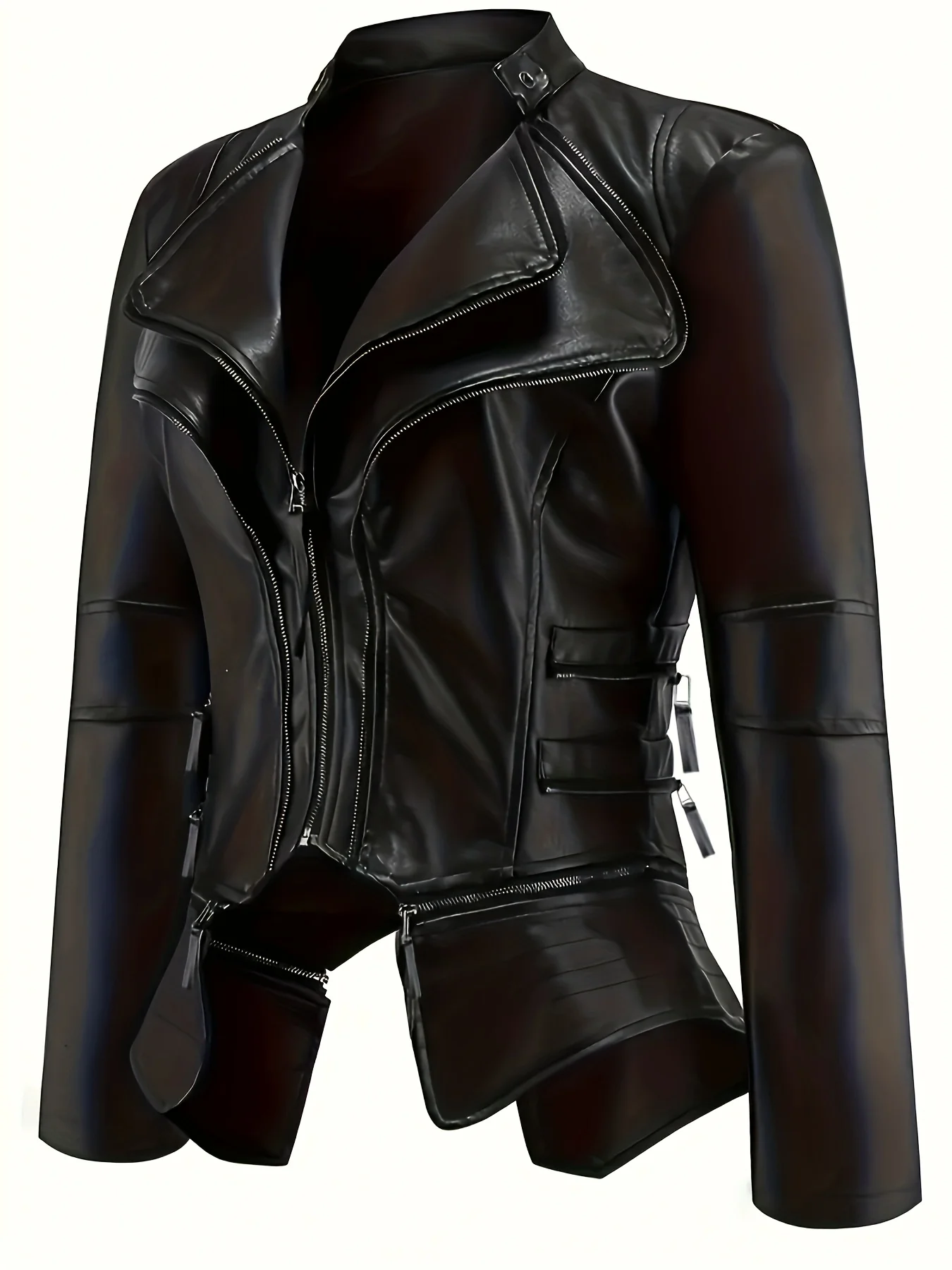 Punk Solid Jacket, Casual Zipper Layered Stitching Long Sleeve Outerwear, Women's Clothing - Deanwangkt