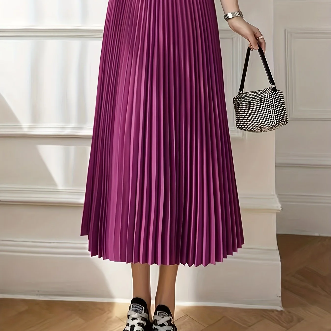 deanwangkt-1 Solid Pleated Skirts, Elegant High Waist A Line Midi Skirts, Women's Clothing - Deanwangkt