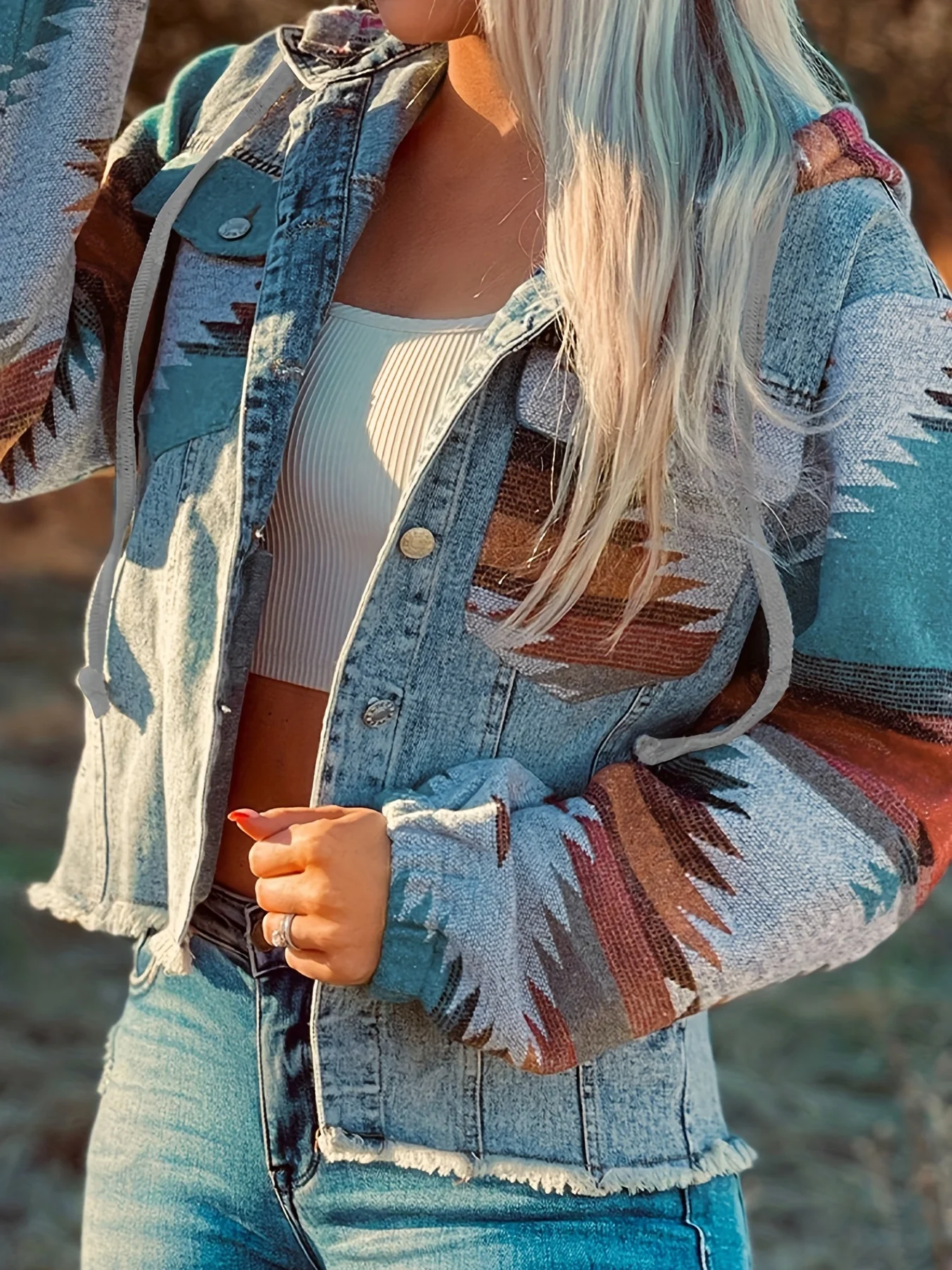 deanwangkt-1  Multicolor Geometric Print Denim Jackets, Long Sleeves Raw Hem Lapel  Hooded Denim Coats, Women's Denim Clothing - Deanwangkt