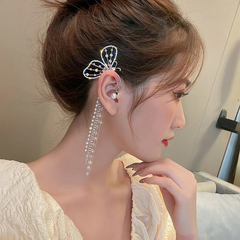 DEANWANGKT 20 Style Luxury Shiny Crystal Rhinestone Long Tassel Ear Cuff No Pierced Ear Clip Earrings For Women Wedding Korean Trend Jewelry - Deanwangkt