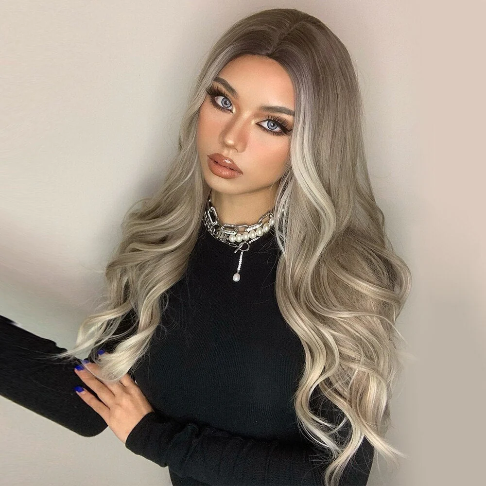 Long Ombre Brown Light Ash Platinum Blonde Wavy Wigs Cosplay Party Synthetic Wig for Women High Temperature Fibre - Deanwangkt