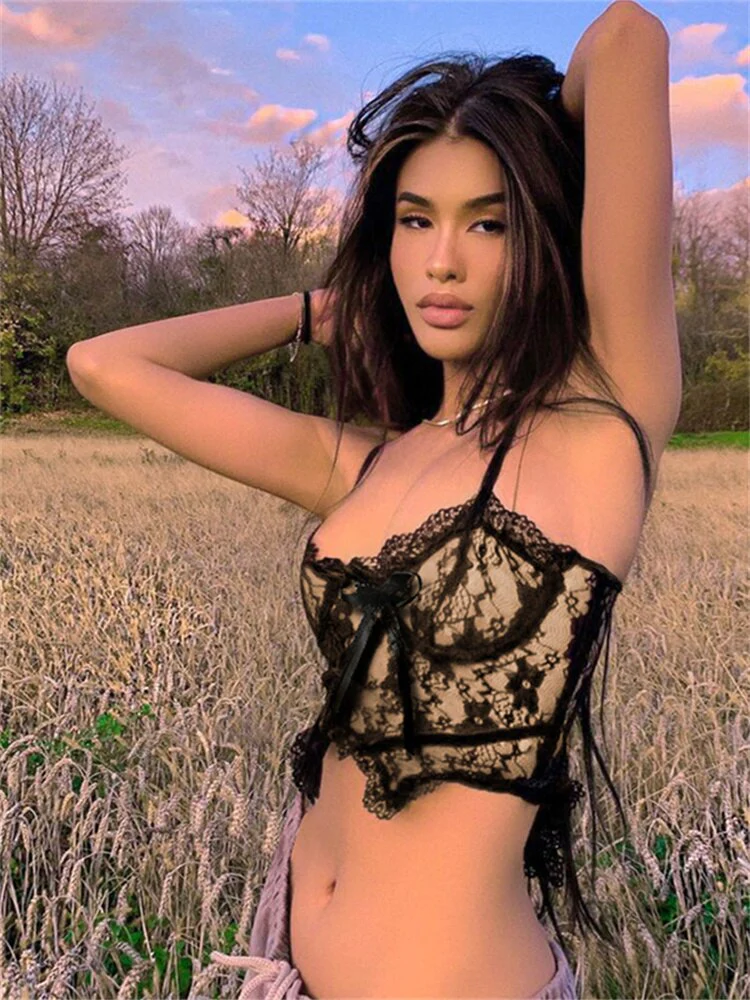 deanwangkt Goth Aesthetic Lace Crop Tops Women Back Zip Up Dark Academia E Girl Clothes Double Layer V Neck Sexy Cami Top - Deanwangkt