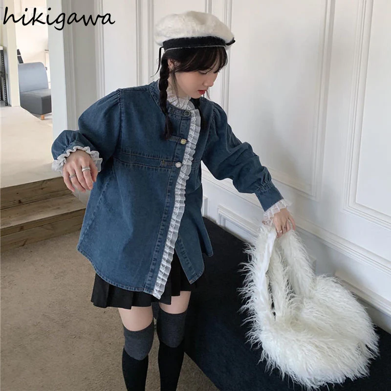 deanwangkt Denim Shirt Coat Women Sweet Lace Ruffles Loose Casual Blouses  Ropa Mujer Fashion Korean Blouses Tops Y2k Clothes - Deanwangkt