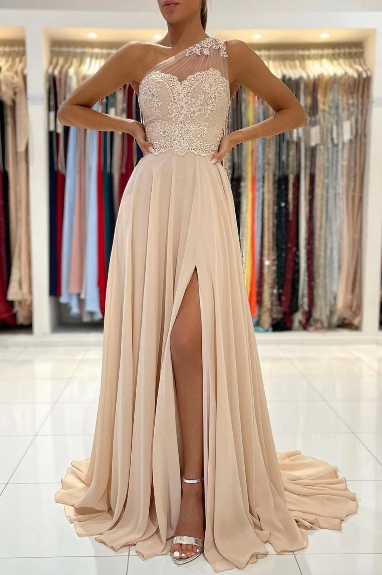 solvbao Champagne Chiffon Long Prom Dresses, One Shoulder Evening Dresses - Deanwangkt