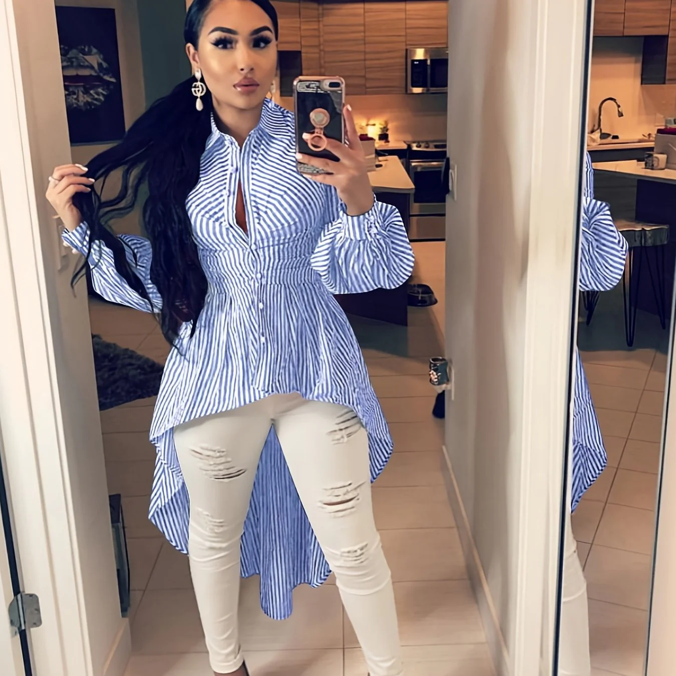 Women's Striped Asymmetrical Tops, Long Sleeve Button Down Shirts, Casual Every Day Shirts, Women's Clothing - Deanwangkt