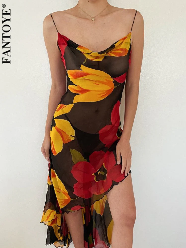 Joskka Chiffon Print Backless Women Summer Dress Spaghetti Strap See Through Dress Female Slim Vacation Outside Beachwear - Deanwangkt