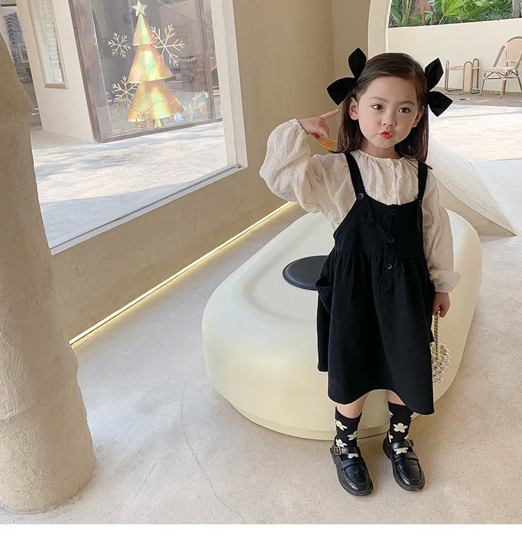 deanwangkt Girls spring fashion white blouse and black overalls dress Kids all-match Outfits 2pcs sets - Deanwangkt