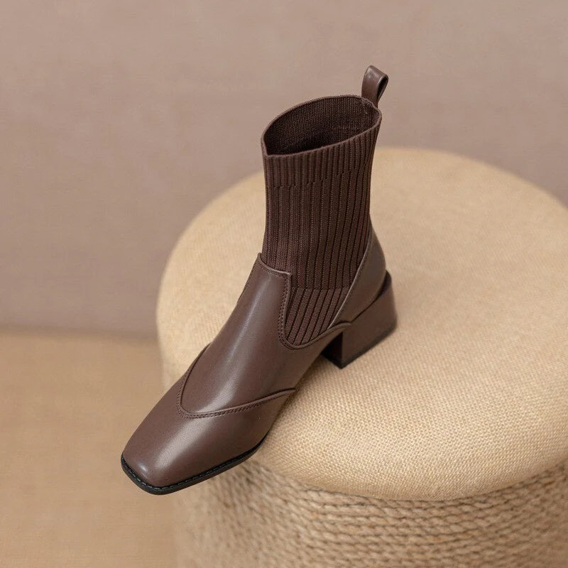 deanwangkt Autumn Winter New Ankle Socks Shoes Women Fashion Large Size  Knitted Short Boots Women Slip On High Heels - Deanwangkt