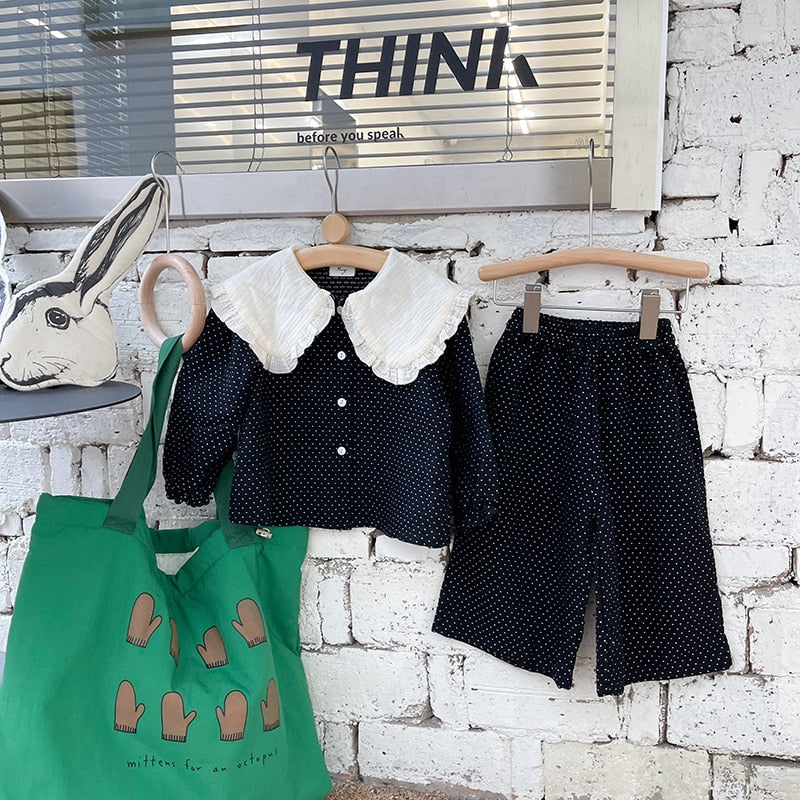 deanwangkt  Spring cute baby girl polka dot black outfits Girls fashion big turn-down collar shirt and wide leg pants 2pcs sets Kids clothes - Deanwangkt