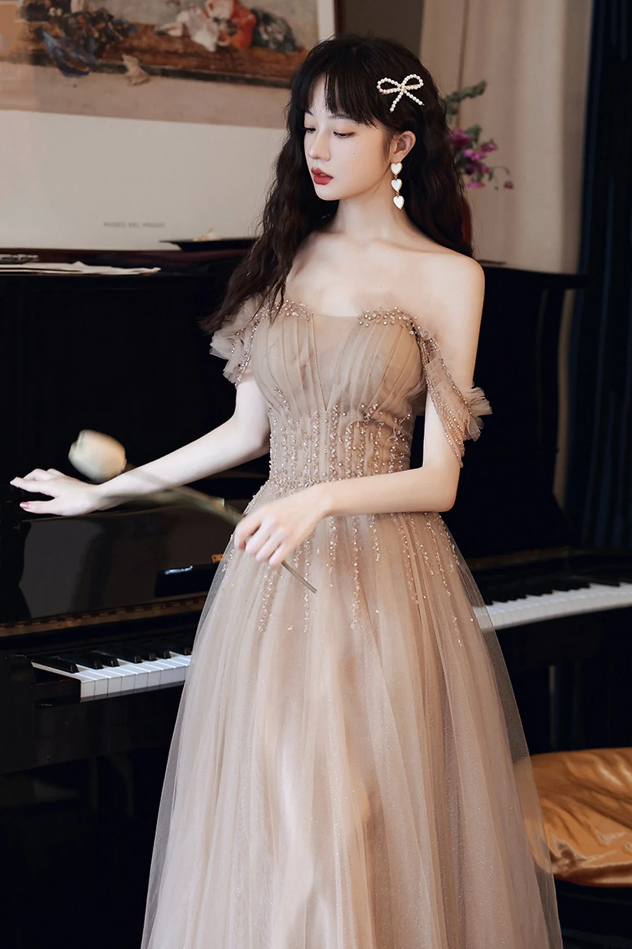 solvbao A-Line Tulle Beaded Long Prom Dress, Evening Party Dress - Deanwangkt