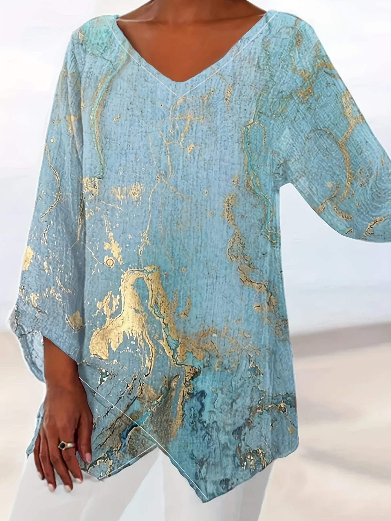 Plus Size Fluid Print Long Sleeve Layered T-shirt, Women's Plus Slight Stretch V Neck Loose Elegant Top - Deanwangkt