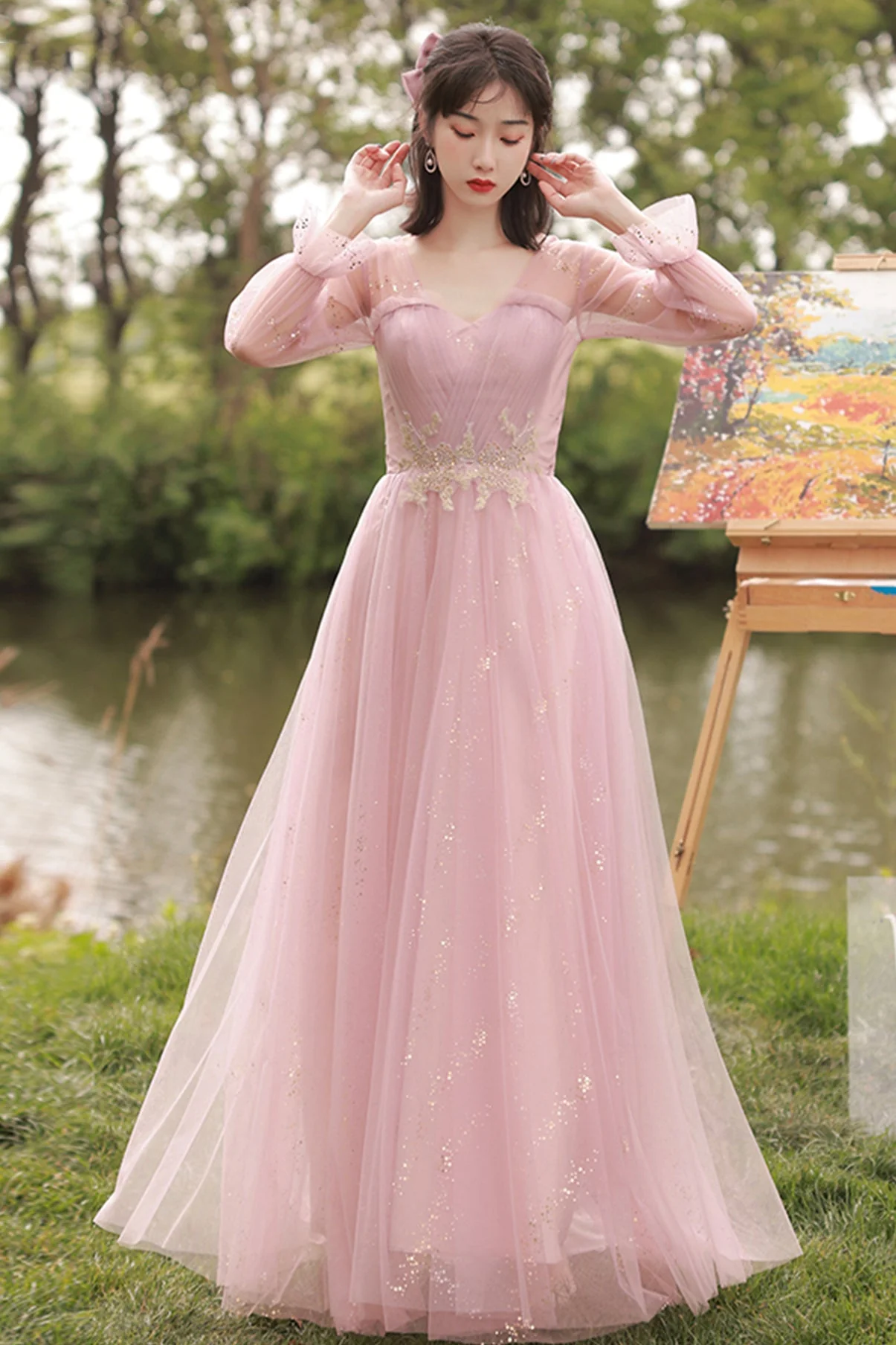 solvbao Pink Lace Long Prom Dresses, A-Line Evening Dresses - Deanwangkt