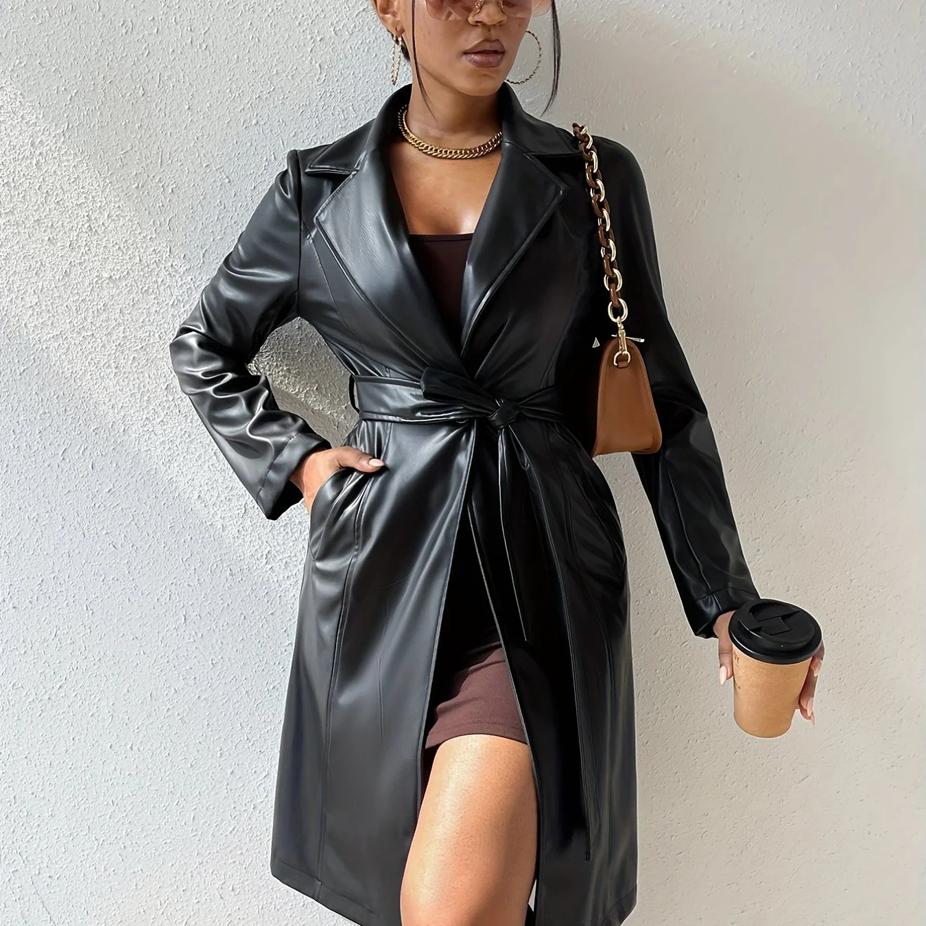 deanwangkt Solid Lapel Jacket, Casual Open Front Long Sleeve Long Length Outerwear, Women's Clothing - Deanwangkt