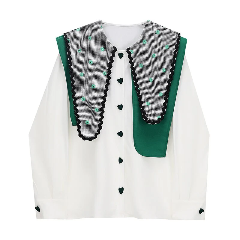 deanwangkt Women White Plaid Color-block Big Size Blouse New Lapel Long Sleeve Loose Fit Shirt Fashion Spring Autumn  1DE6902 - Deanwangkt