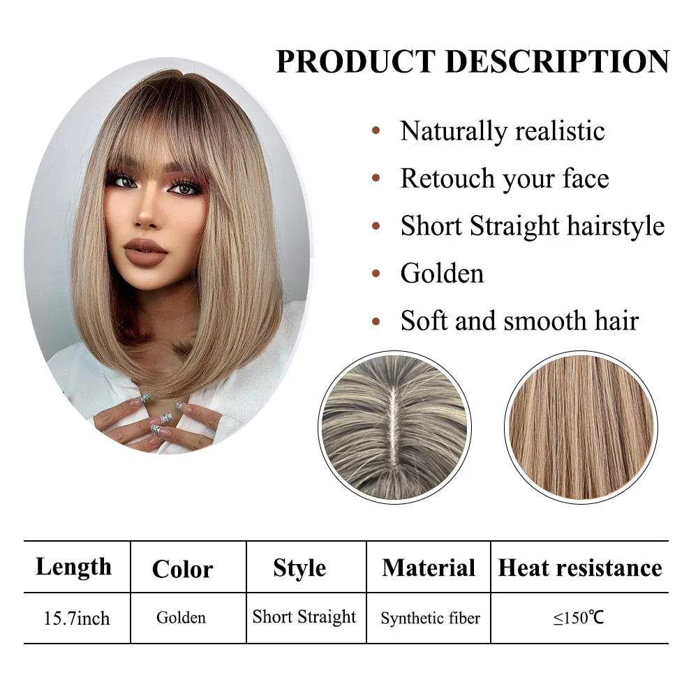 deanwangkt  Short Straight Bob Wigs With Bang Golden Brown Natural Synthetic Hair For Women Daily Cosplay Heat Resistant Fiber Wigs - Deanwangkt