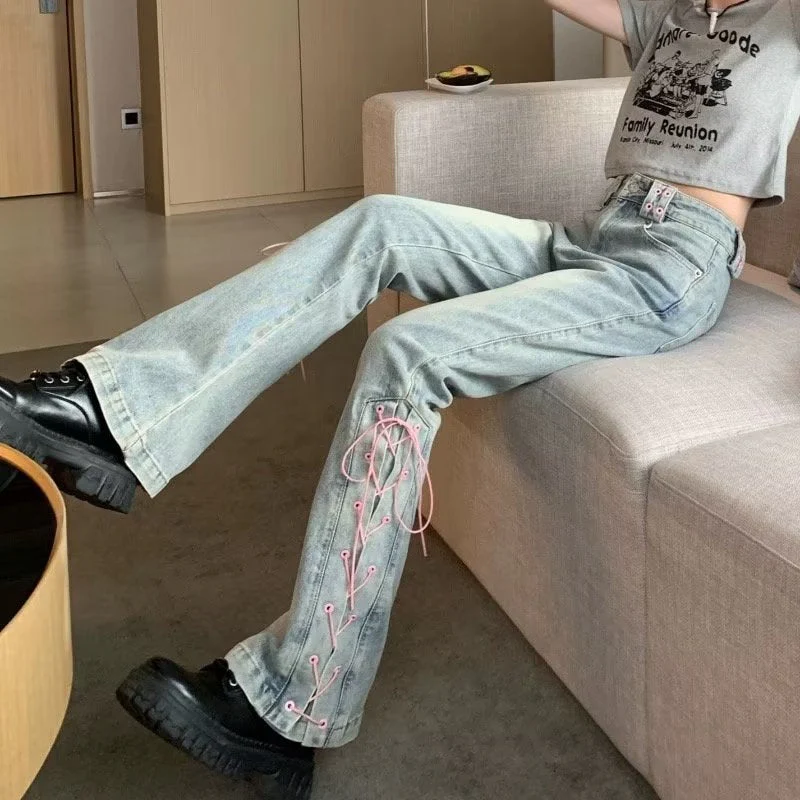 deanwangkt Small Design With Straps And Mini Slacks, Retro High Waist Jeans For Female Xia Spicy Girls, Slim Straight Bell Pants, Autumn - Deanwangkt