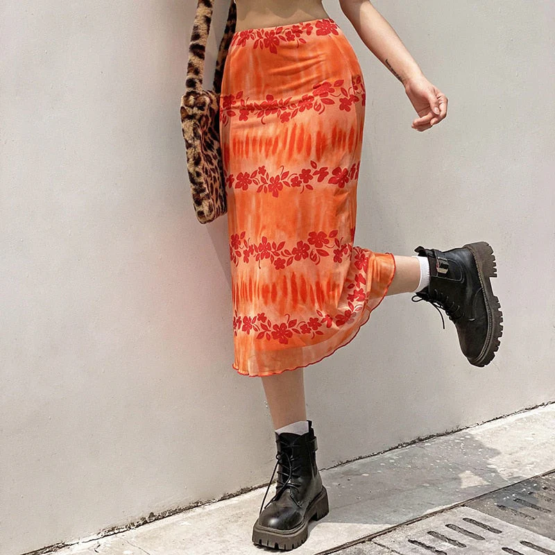 deanwangkt   New Floral Printed Skirts Y2k Orange Fairy Grunge Long Skirts Women Vintage Cute Skirts  Summer Skirts Fashion Holiday Skirt - Deanwangkt