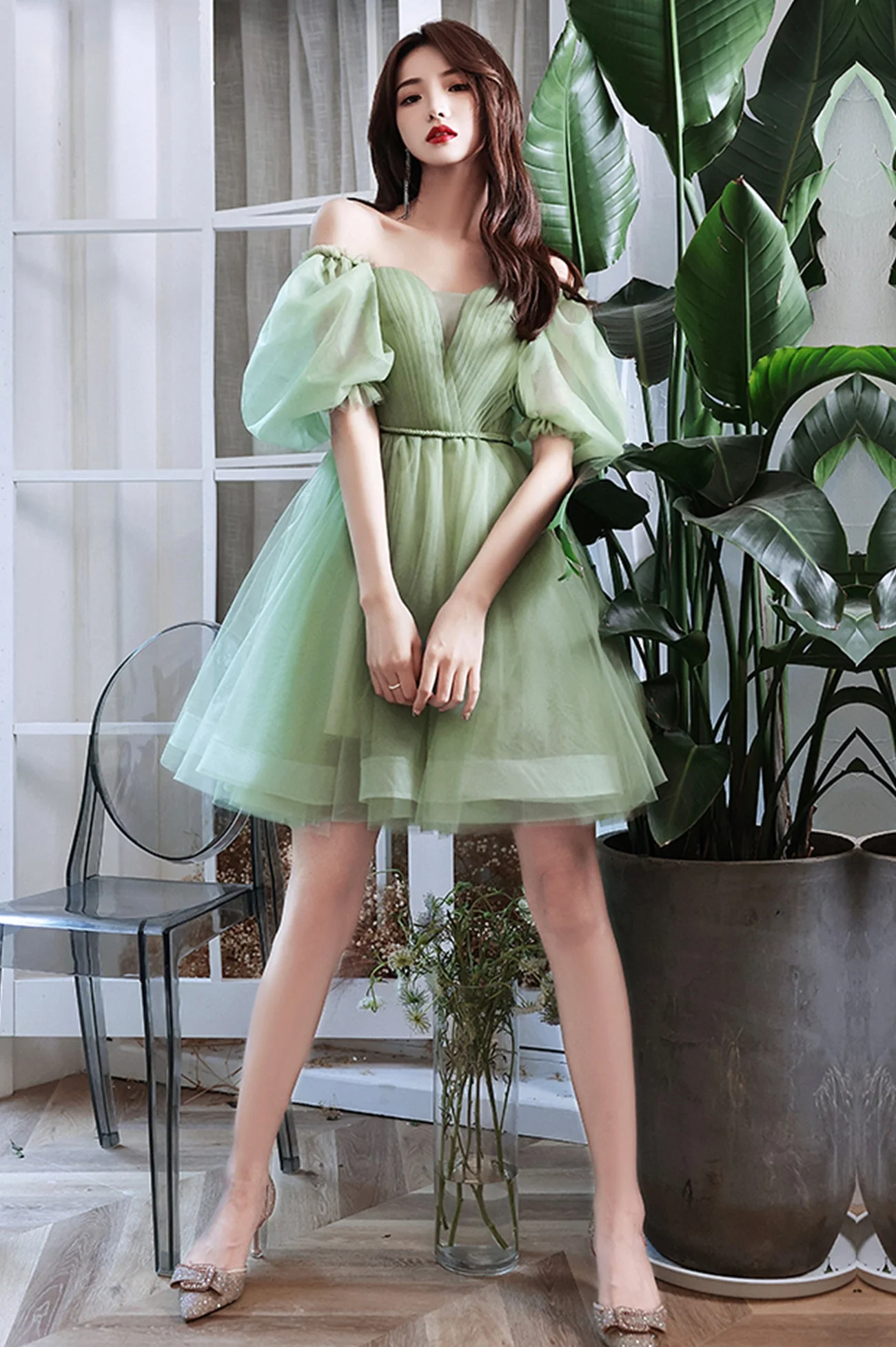solvbao Green Tulle Short Prom Dress, Green A-Line Short Sleeve Party Dress - Deanwangkt