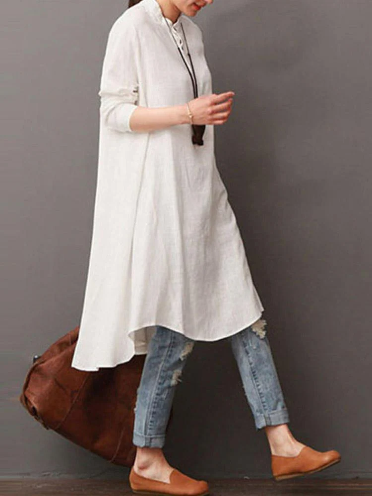 deanwangkt Women Button Down Baggy Blouse Casual Loose Asymmetric Shirt Dress - Deanwangkt