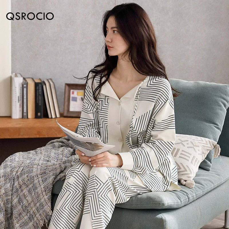 Autumn Women's Pajamas Set High Quality Bohemian Stripes Print Sleepwear V Neck Cotton Homewear Nightwear Pyjamas Femme - Deanwangkt
