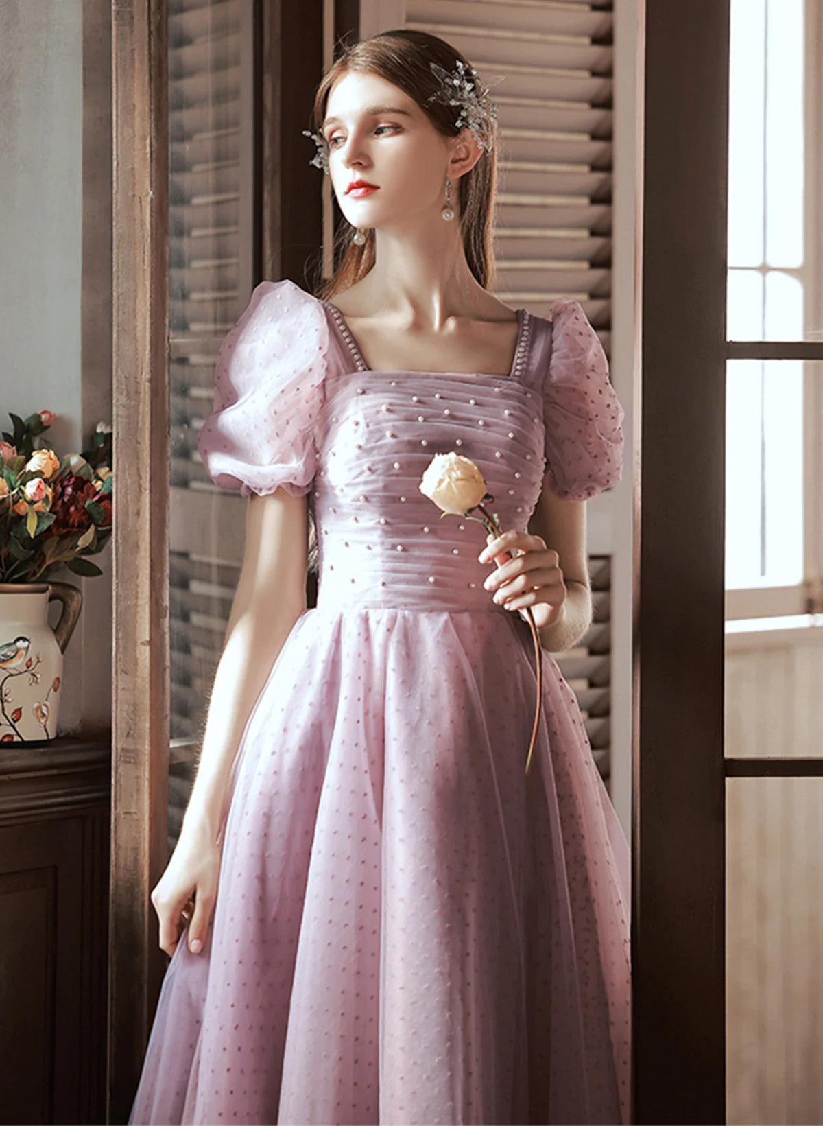 Solvbao Light Purple Tulle Long Formal Dress, A-line Tulle Short Sleeves Prom Dress - Deanwangkt