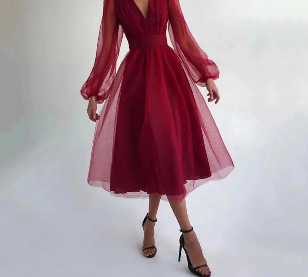 Graduation dress Short A Line Prom Dresses V Neck Long Puff Sleeve Tulle Formal Wedding Evening Party Dresses For Graduation Vestidos De Fiesta - Deanwangkt