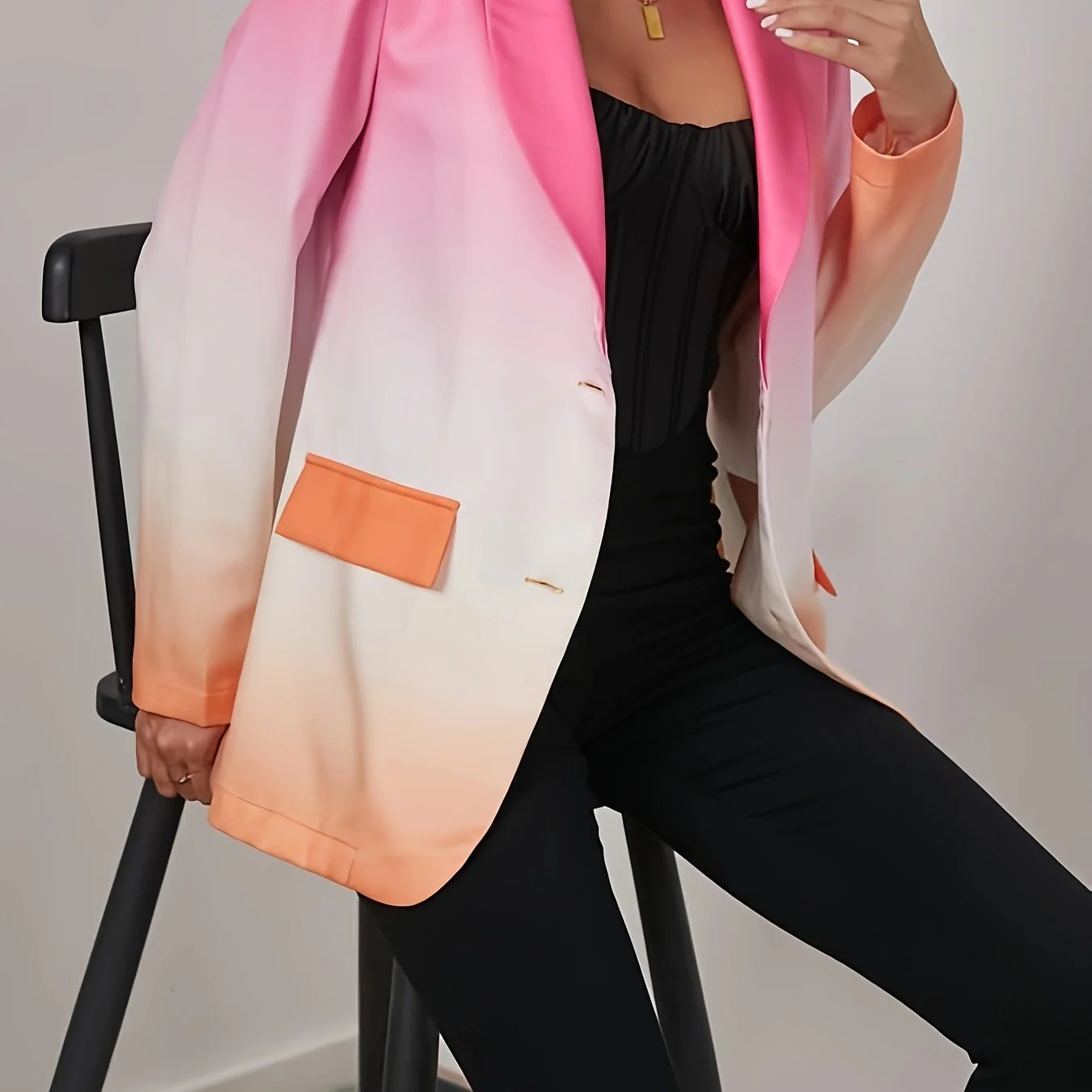 deanwangkt-1 Ombre Button Front Blazer, Elegant Long Sleeve Lapel Blazer For Office & Work, Women's Clothing - Deanwangkt