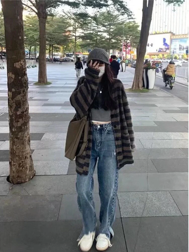 deanwangkt Trend Zipper Simple Literary Jeans Dark Lazy Straight Pants Summer New Women's High Waist Temperament Trousers - Deanwangkt