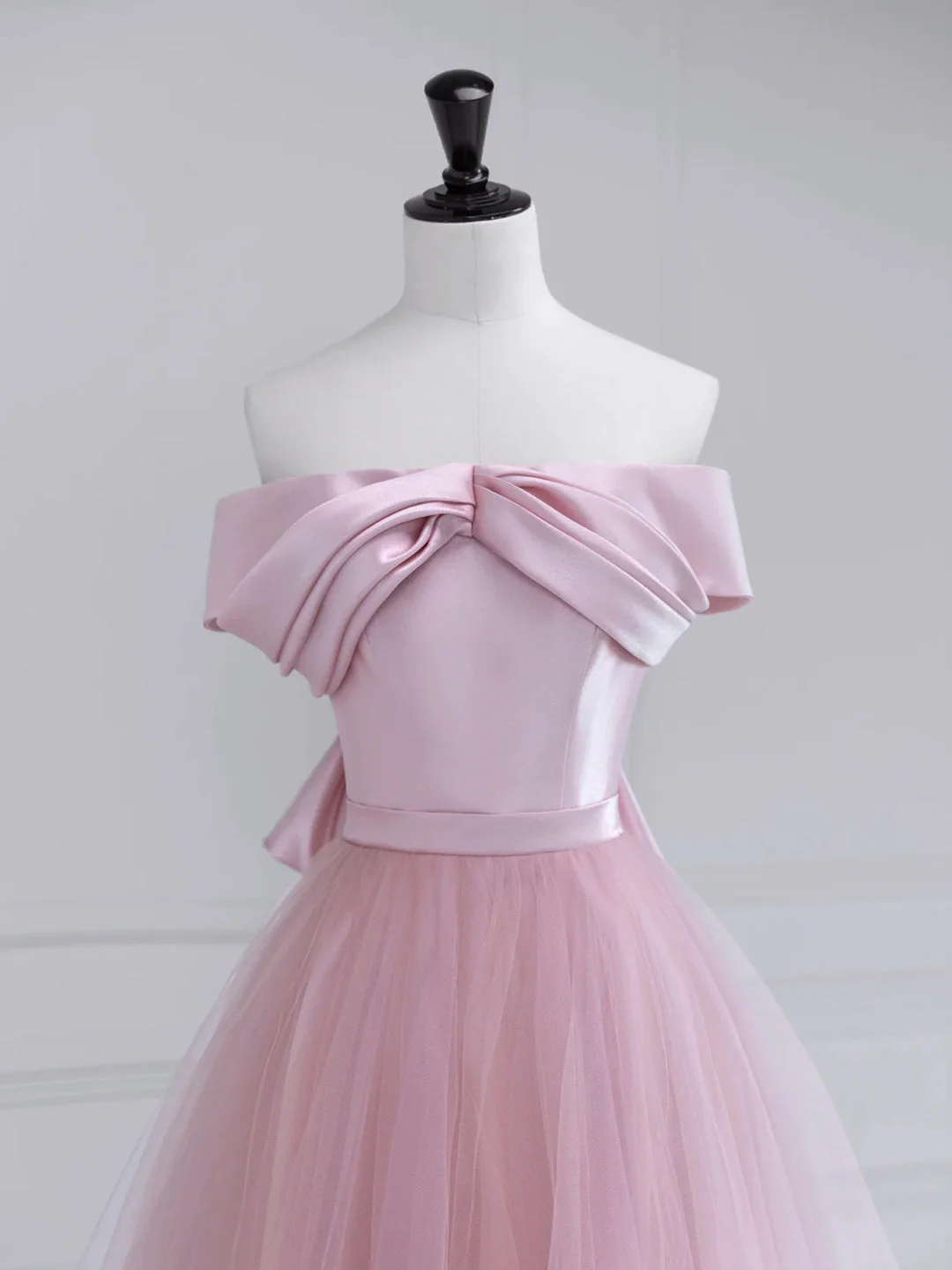 solvbao Pink Satin Tulle Long Prom Dress, Pink Off Shoulder Evening Dress - Deanwangkt