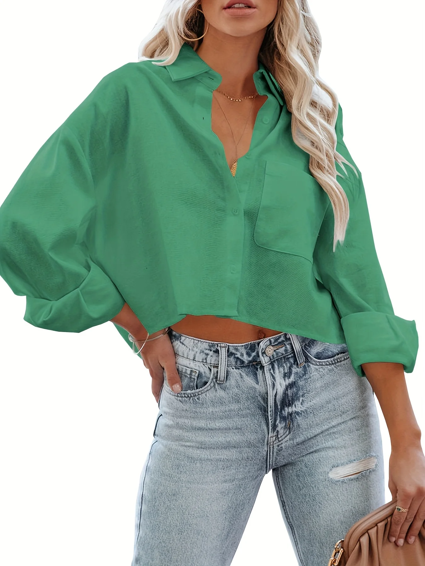 Boyfriend Crop Button Shirt, Casual Pocket Long Sleeve Shirt For Spring & Fall, Women's Clothing - Deanwangkt