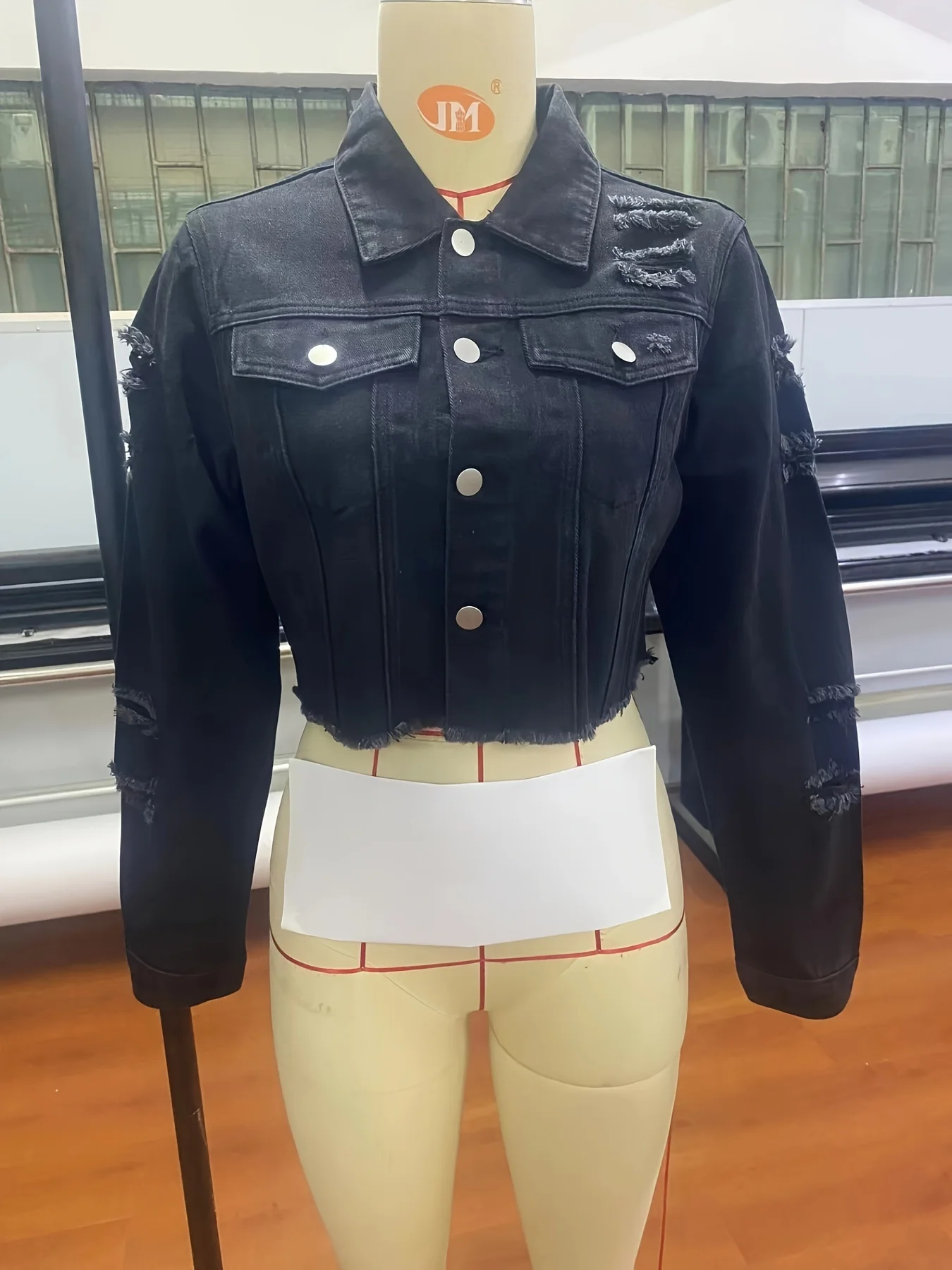 deanwangkt-1  Plain Ripped Holes Lapel Denim Jackets, Long Sleeves Non-Stretch Raw Hem Cropped Denim Coats, Women's Denim Clothing - Deanwangkt