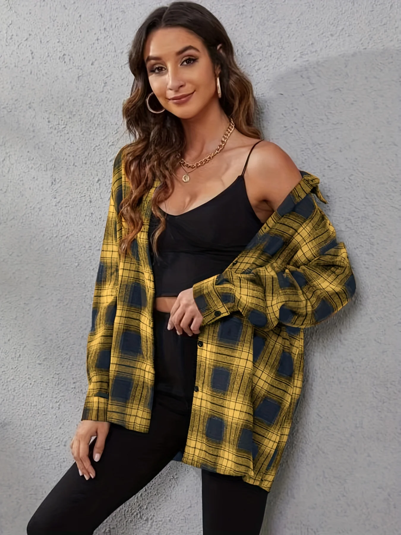 Plaid Print Button Front Shirt, Casual Cuff Sleeve Lapel Shirt, Women's Clothing - Deanwangkt