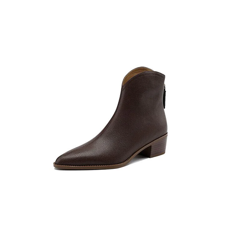 deanwangkt Autumn Shoes    NEW Autumn Boots Women Split Leather Shoes for Women Pointed Toe Chunky Heel Shoes Retro Zipper Short Boots Apricot Ankle Boots - Deanwangkt