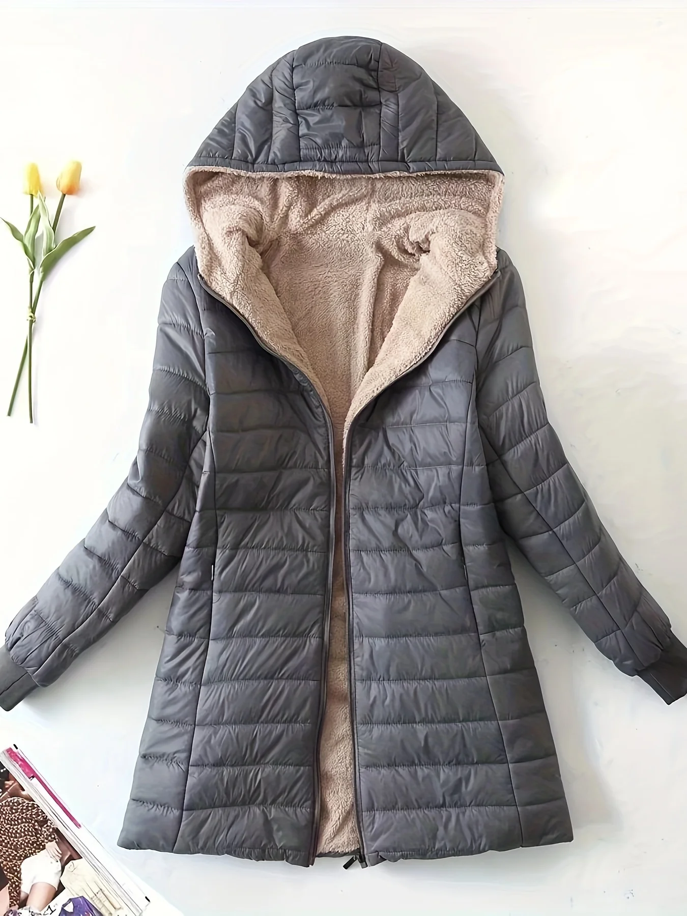 deanwangkt Zip Up Solid Hooded Coat, Casual Long Sleeve Winter Warm Outerwear, Women's Clothing - Deanwangkt