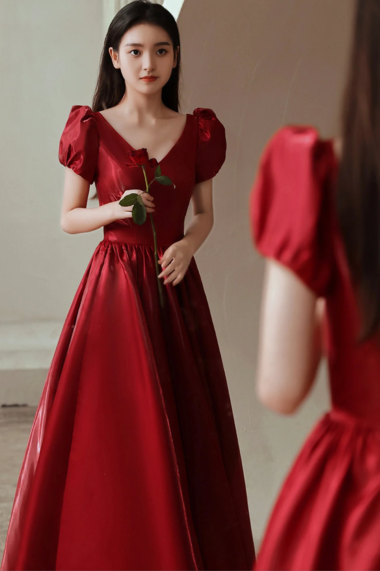 solvbao Red V-Neck Satin Long Prom Dress, A-Line Evening Dress - Deanwangkt